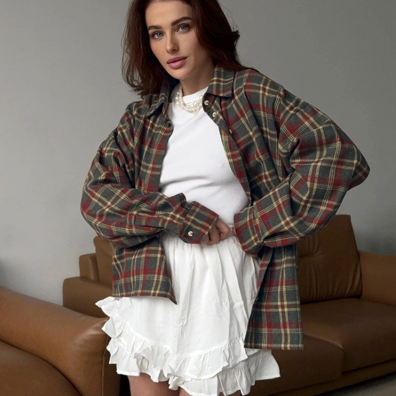 Chemise ample à carreaux en coton pour femmes, élégante, simple boutonnage, Patchwork, manches longues, chemises d'été, streetwear pour dames, 2025