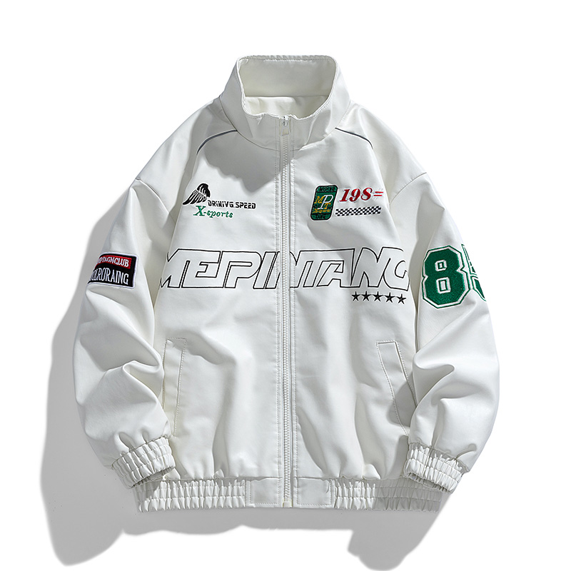 Veste de moto en cuir PU pour homme, manteau de motard rétro, coupe-vent hip hop, broderie de lettres, mode de rue, noir, blanc, vert