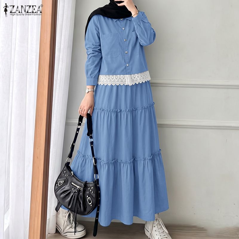 Ensembles 2 Pièces Musulmans pour Femmes Tenues d'Automne ZANZEA Col Revers Manches Longues Robe Chemise à Bordure Dentelle Ensembles Jupe Élégante Costume Ramadan