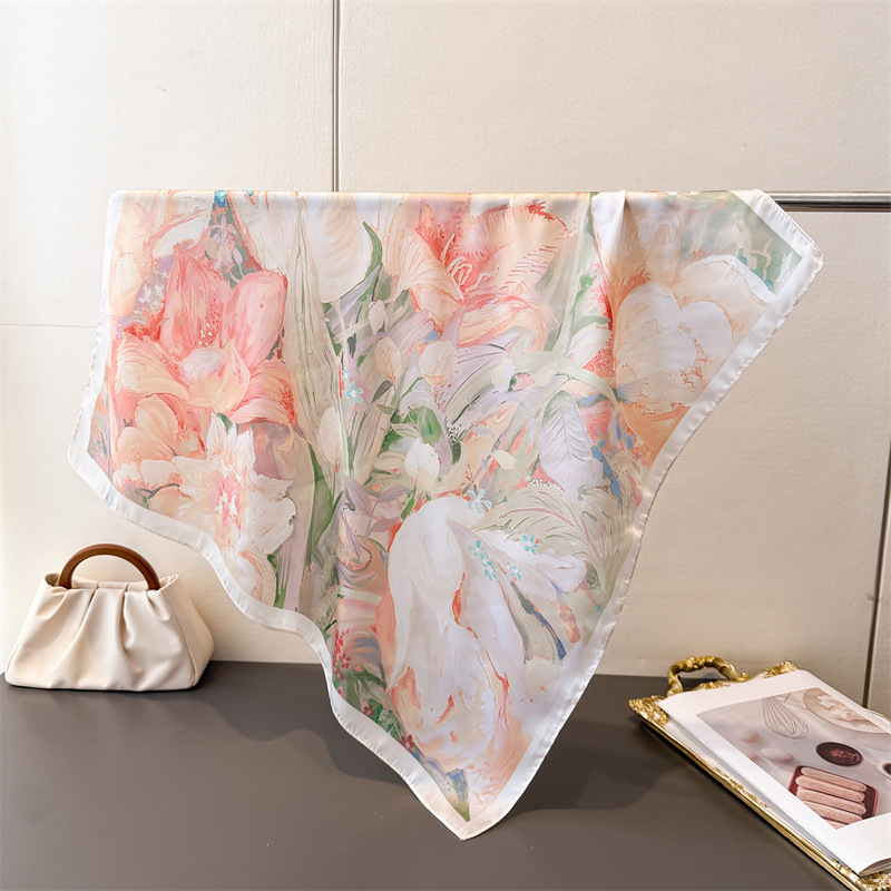 Écharpes en soie imitation à imprimé floral, foulards carrés tendance, bandanas pour femmes, hijab de luxe, foulards élégants, châles