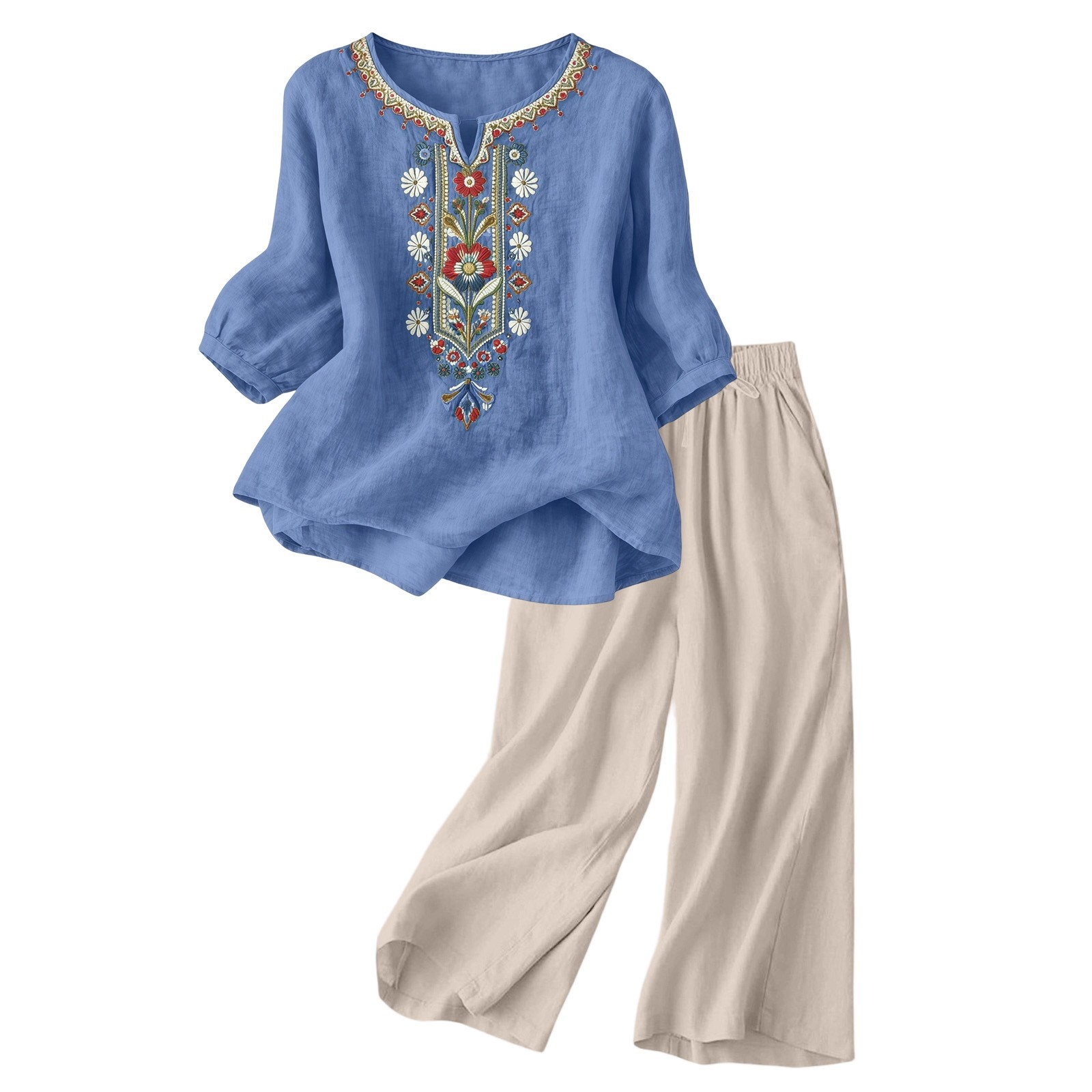 Nouvel ensemble deux pièces décontracté pour femme en coton et lin, avec broderie, hauts et pantalon large, manches 3/4, pour l'été