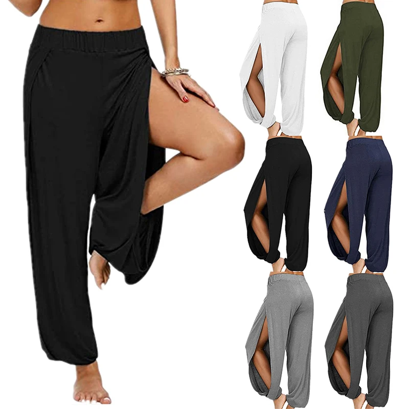 Pantalon Haren d'été à fente haute pour femmes, pantalon de sport, de Yoga, couleur unie, ample, Hippie, sarouel, jambes larges