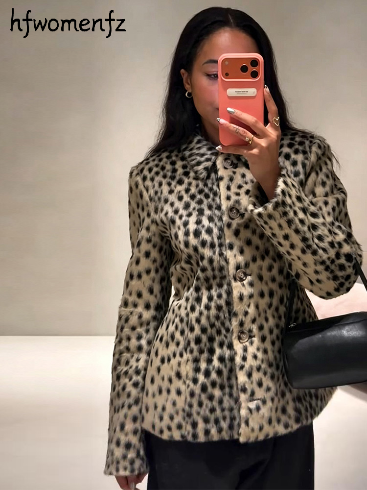 Manteau Femme en Fausse Fourrure Imprimé Léopard, Coupe Slim, Col Revers, Boutonnage Simple, Manches Longues, Veste Chaude pour Femme Automne Hiver 2026
