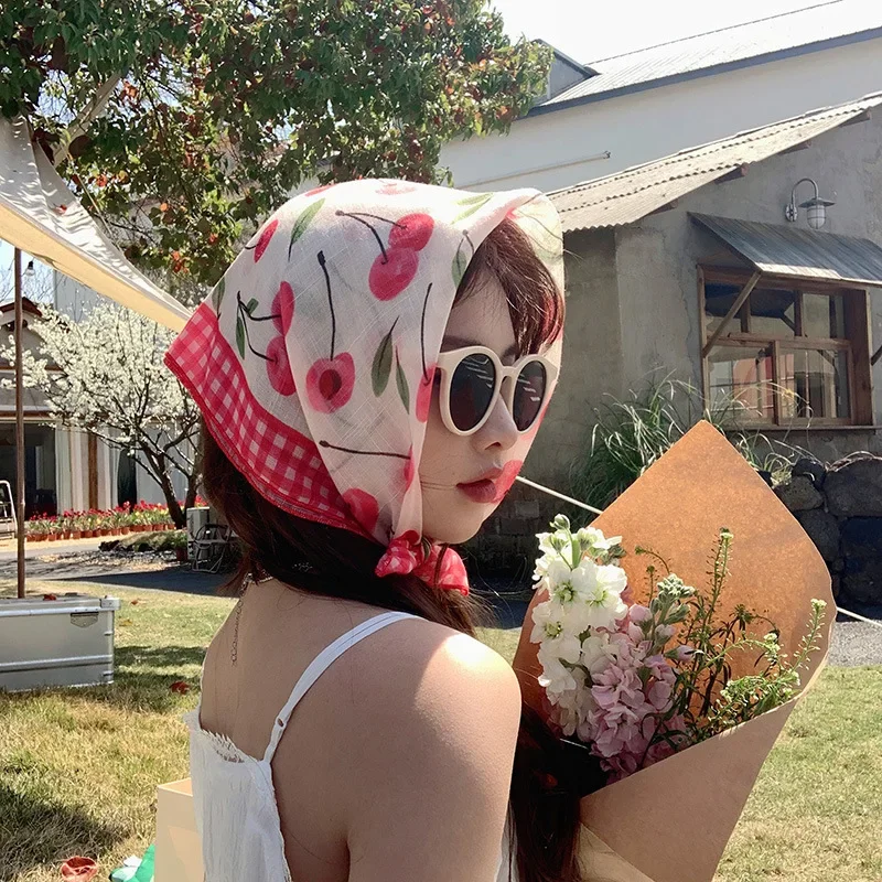 Foulard Bandana en coton pour femmes, petit Hijab imprimé Floral, mouchoir pour cheveux, bandeaux carrés de 55cm, foulards de cou