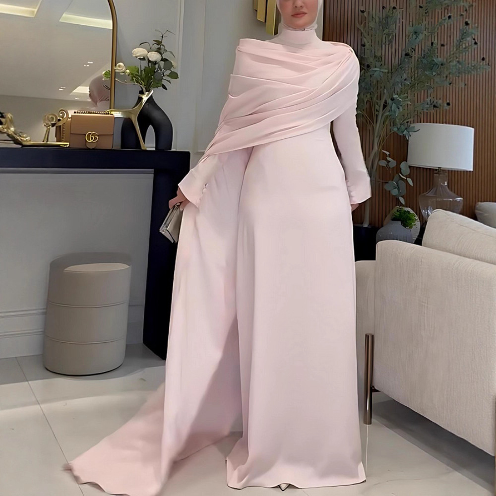 Robe longue moulante à manches longues style châle pour femme, élégante et gracieuse, avec grand ourlet, idéale pour les banquets, les rendez-vous, les trajets quotidiens et les soirées.