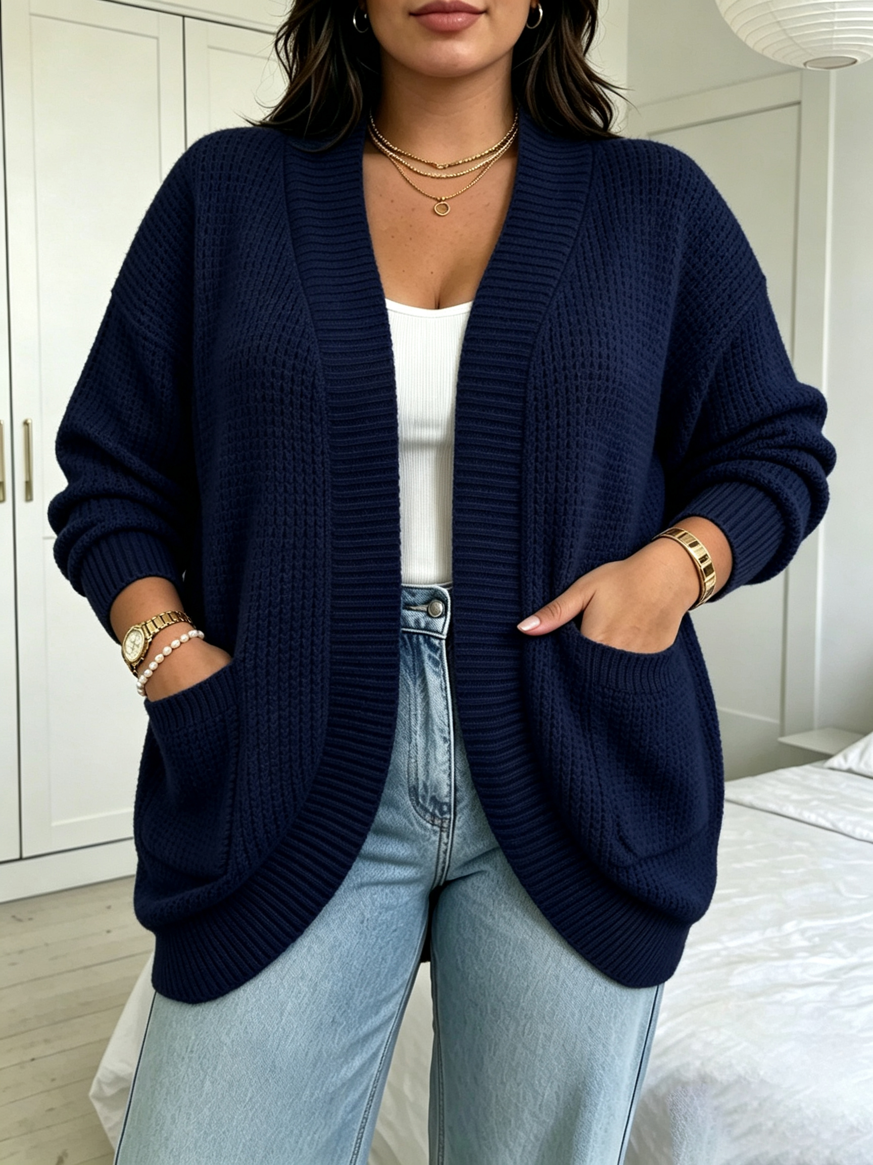 Cardigan ouvert élégant pour femmes, grande taille, pull en maille, vêtement d’extérieur pour l’automne et l’hiver, coupe ample, avec poches, manches longues, idéal pour les vacances et les tenues décontractées.