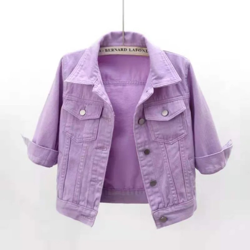 DistMurcia-Veste en Jean pour Femme, Veste Courte en Denim, Extensible, Manches Bouffantes 3/4, avec Poches, Violet, Jaune, Bleu