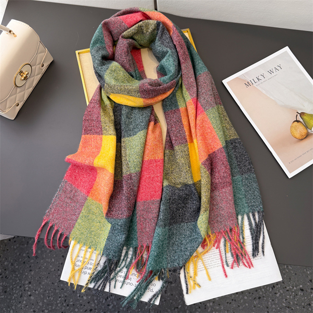 Écharpe de luxe en Imitation cachemire à carreaux arc-en-ciel pour femme, châles et enveloppes chauds, Pashmina épais, couverture féminine, hiver