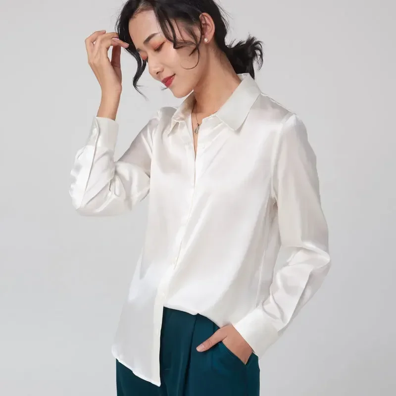 Chemise en soie pour femme, chemisier en Satin à manches longues, chemisier en soie de mûrier de 19mm, chemise ample et polyvalente, 95% soie naturelle + 5% élasthanne