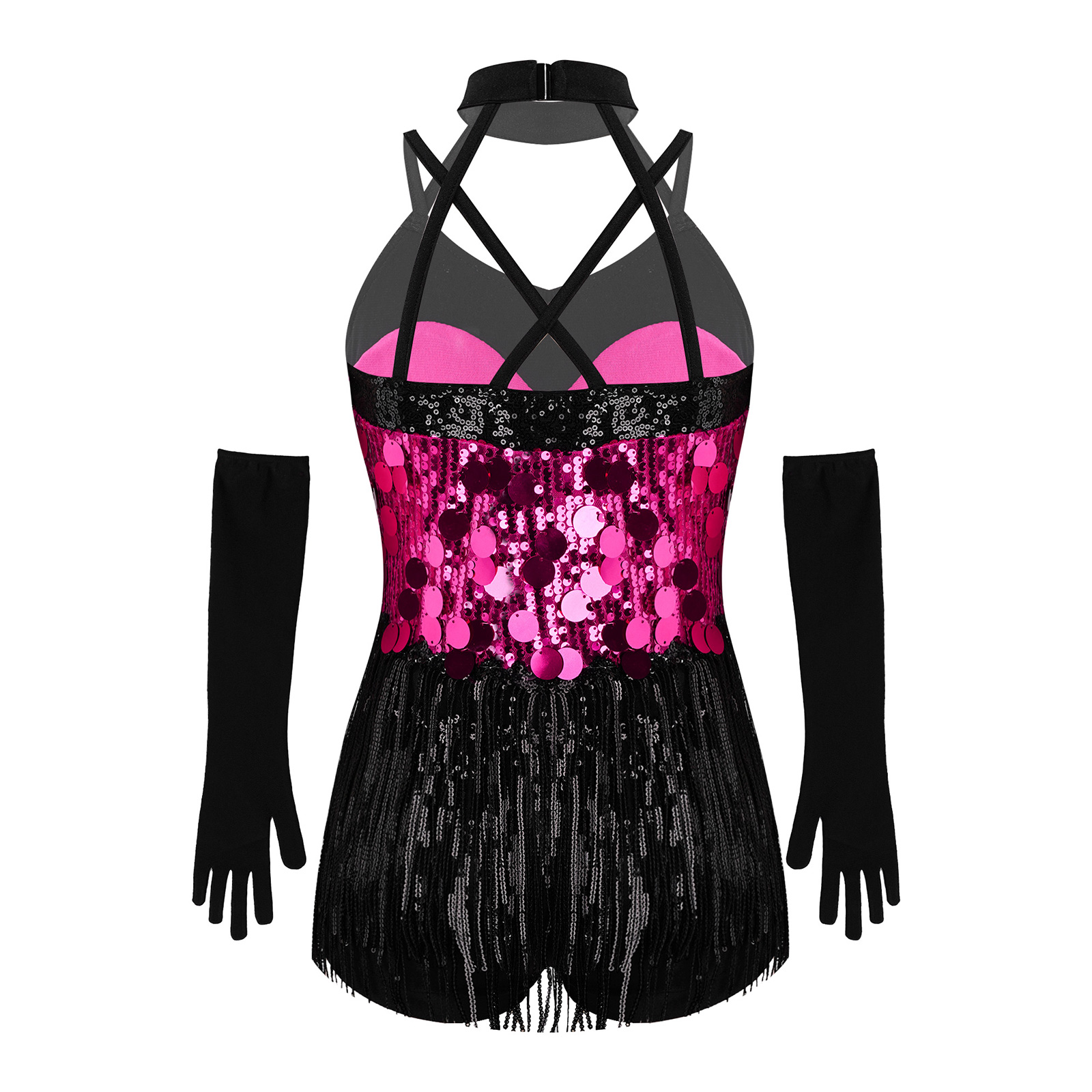 Costume de danse moderne pour enfants : Jazz, Latin, Samba, Rumba, Salsa – Justaucorps de ballet à sequins et jupes à franges avec gants pour filles