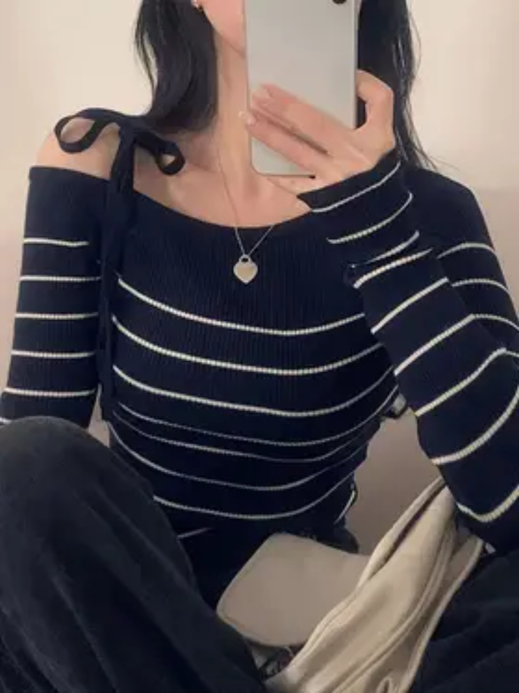 T-Shirt élégant à épaules dénudées pour femme, pull à rayures noires et blanches avec lacets réglables, haut Chic et décontracté, nouvelle collection automne hiver 2026