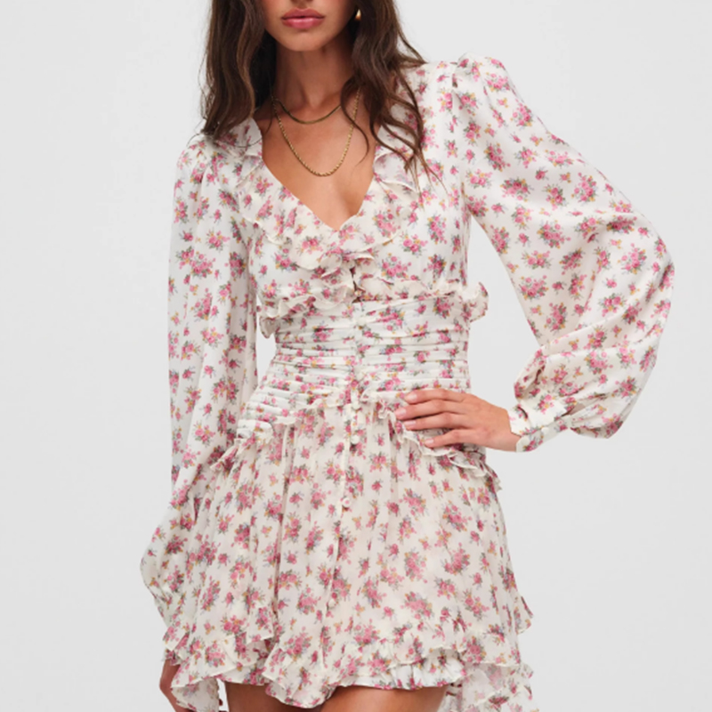Mini robe à volants à imprimé floral Boho pour femmes, bouton avant, manches longues, col en V, robes de printemps, robe de vacances, courte, éducative, 2025