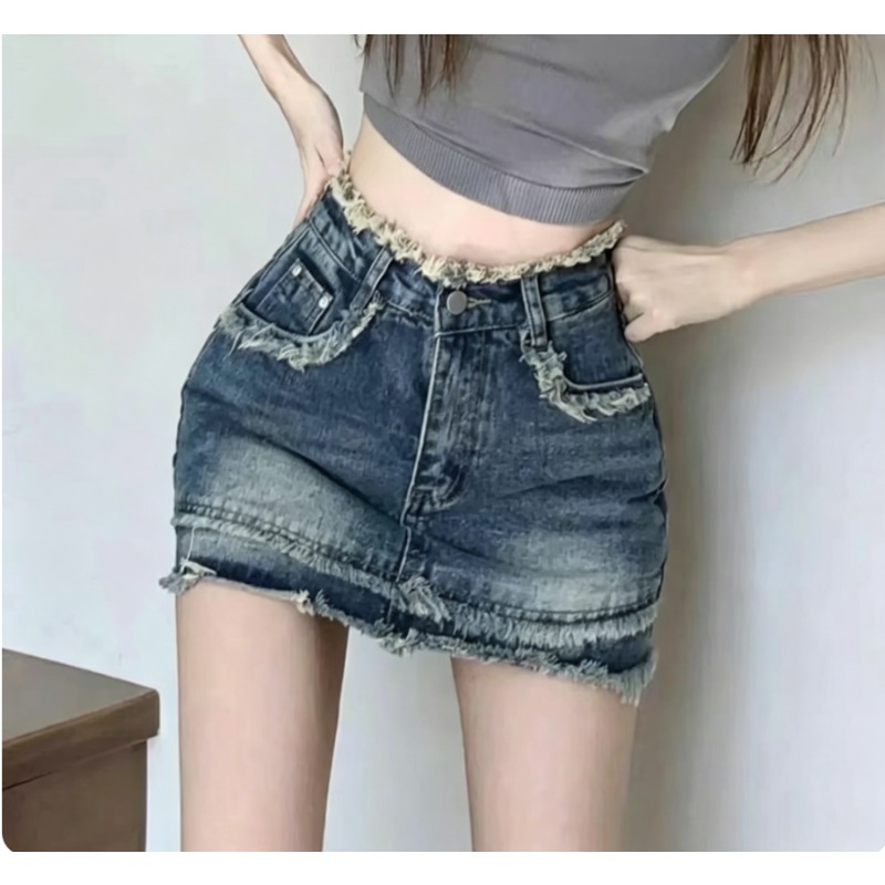 Jupe courte en jean vintage taille haute à ourlet effiloché pour femme, style streetwear été tendance