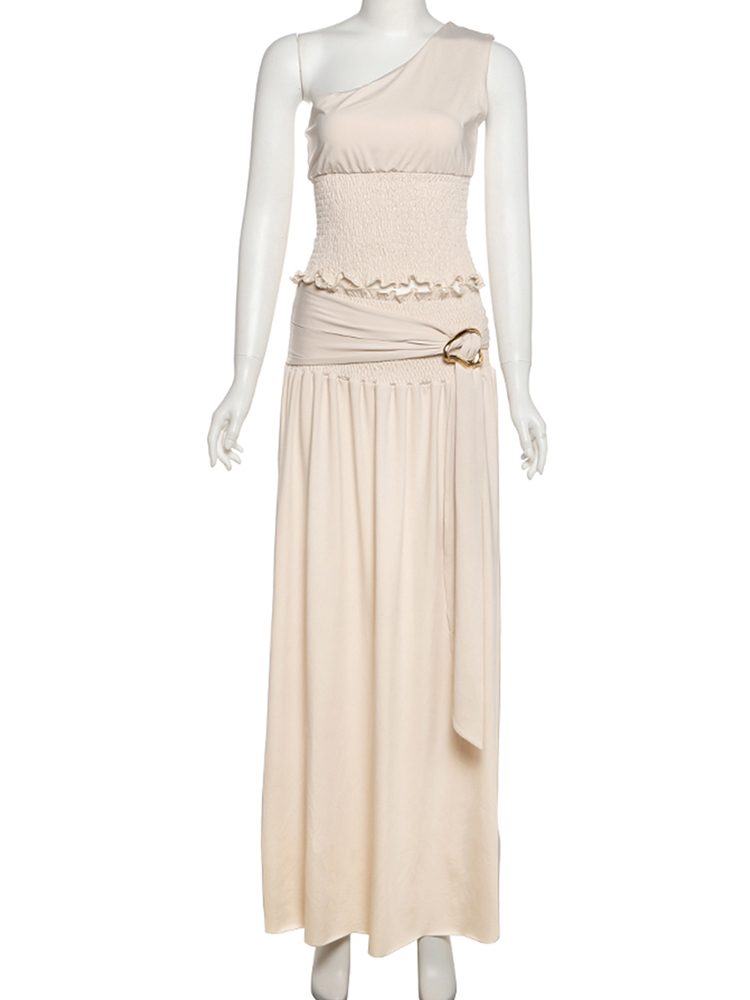 Nibber Solide Ruché Élégant 2 Pièce Ensemble Femmes Oblique Col Dos Nu Crop Tops + Boucle En Métal Décoration Jupes Tenues Correspondantes