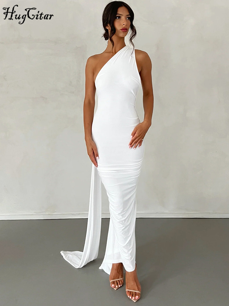 Hugcitar – robe Maxi asymétrique épaule dénudée, dos nu, écharpe réglable, froncée, Sexy, élégante, Y2K, Streetwear, tenue de Festival