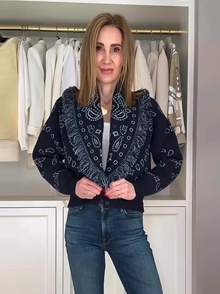 Mode frange imprimé tricoté gilet pour femmes décontracté sans manches cravate taille poches Cardigan manteau dame 2025 automne Chic vêtements d'extérieur