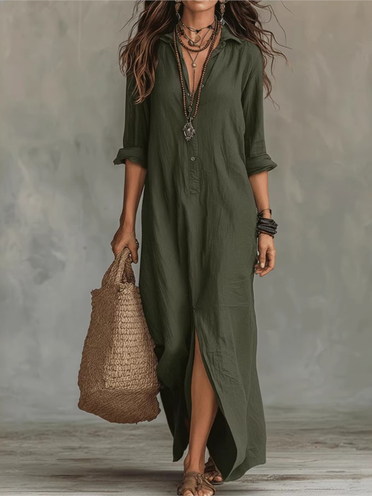 Robe longue décontractée blanche pour femme, style bohème d'été, col rabattu, boutons, manches longues, fendue, idéale pour la plage et les vacances
