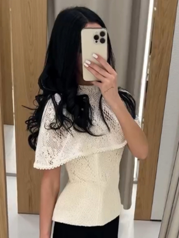 Élégant haut châle en dentelle ajourée pour femme, taille cintrée, col rond, manches courtes, collection été 2026, mode féminine