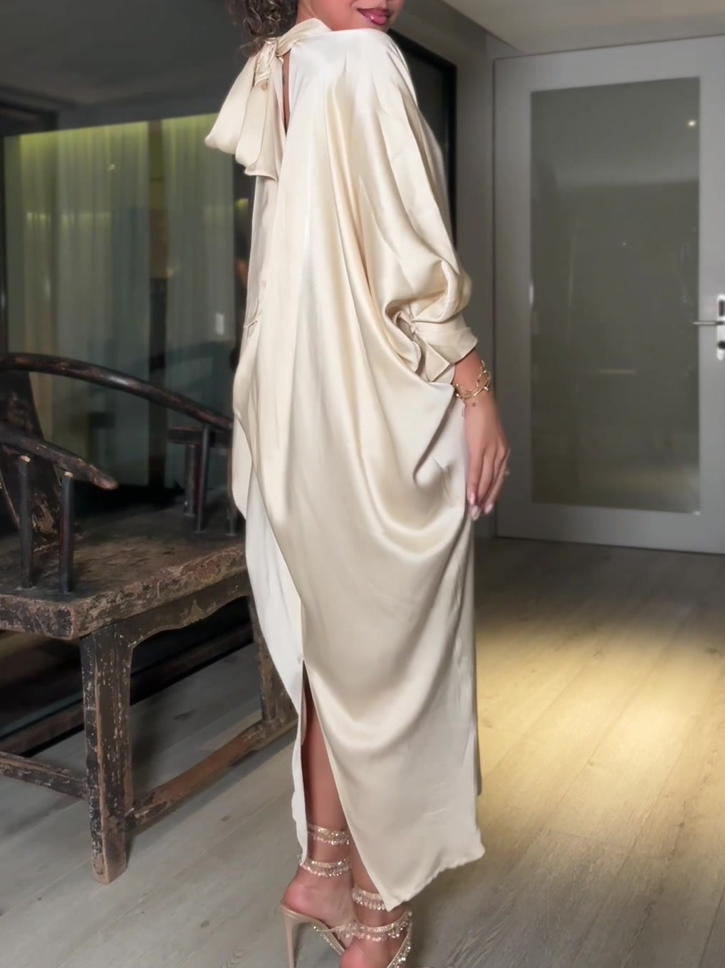 Robe longue ample en satin pour femme, col montant, manches chauve-souris, élégante, style kaftan abaya, pour soirée, tenue modeste en soie
