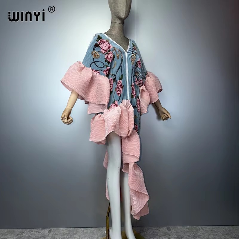 Robe Kaftan Maxi Bohème WINYI Style Moyen-Orient Élégante Plissée Cache-maillot de Plage Élastique Luxe Soirée Fête Dubaï Abaya