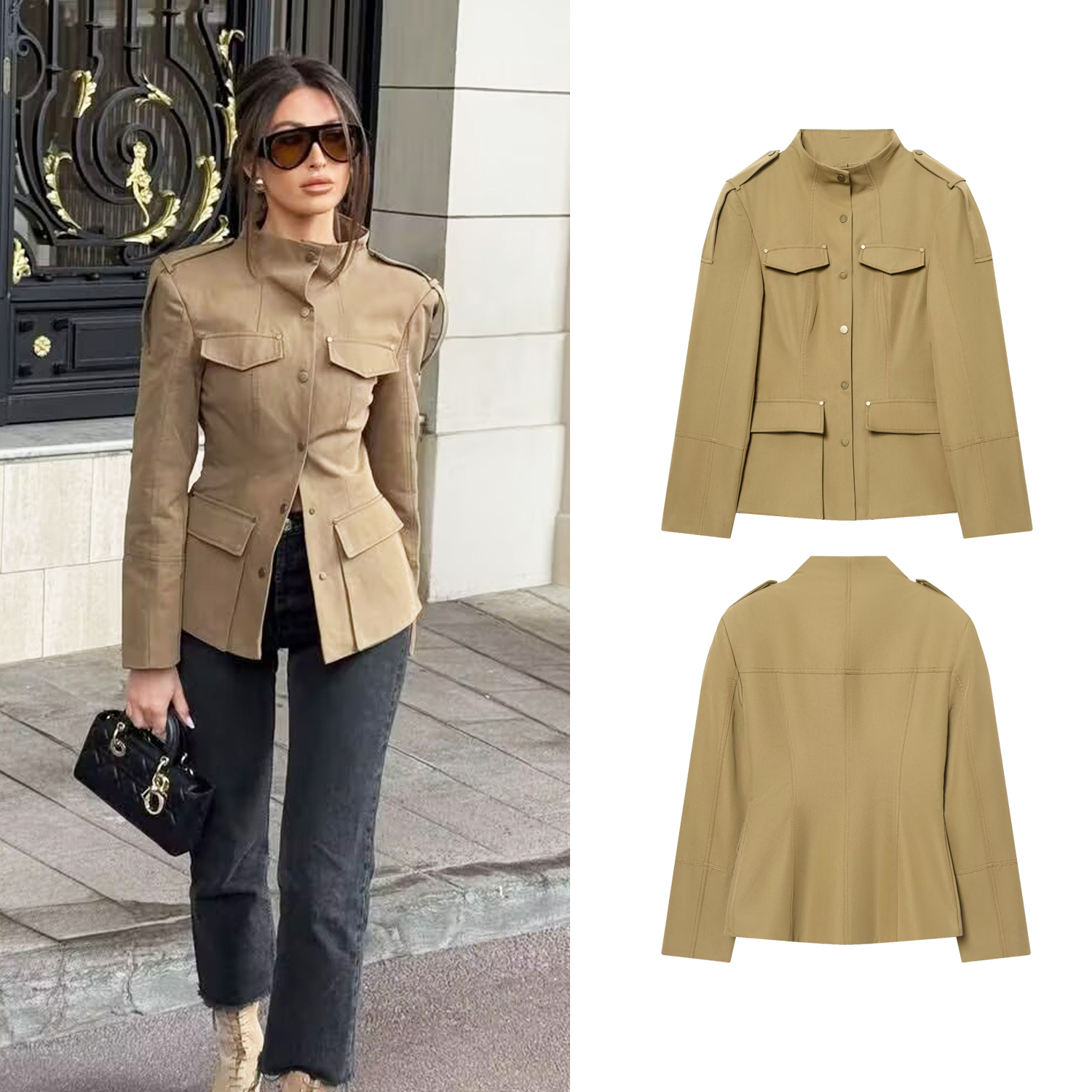 Manteau Chic Femme Printemps Nouvelle Collection – Veste Slim à Col Montant et Poches, Simple Boutonnage, Tendance Urbaine