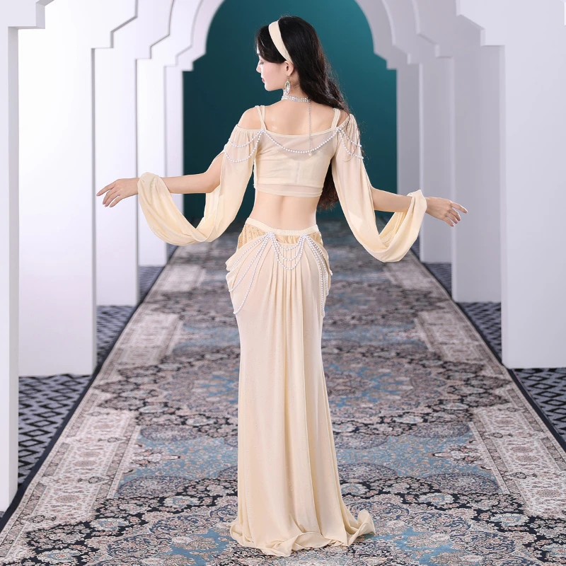 Costume de danse du ventre sexy pour femme, manches longues, haut et jupe, entraînement, trempée, performance, ensemble financièrement, surintendant de danse, tenue PE, 2 pièces