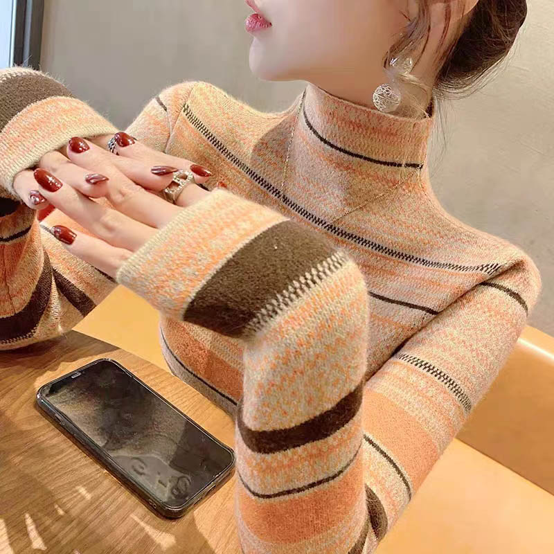 Pull en tricot rayé à col mi-haut pour femmes, pulls minces, pulls chics élégants, tout match, mode vintage, vêtements d'automne et d'hiver