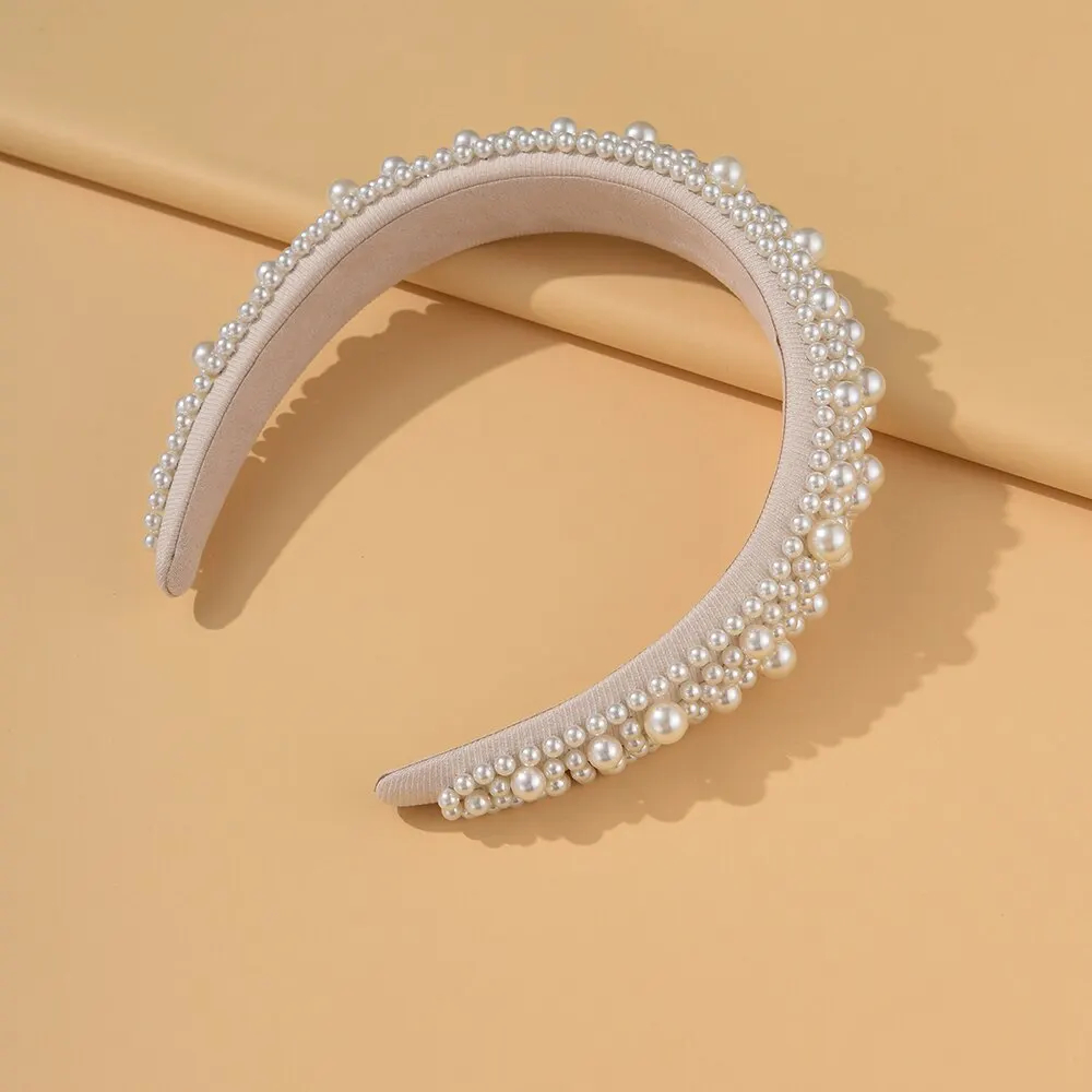 Cerceau de cheveux large fait à la main pour femmes, bande de sauna pour patients de mariage, vêtements de sauna pour filles, bijoux de mariage, perle blanche, accessoires pour cheveux, 2023
