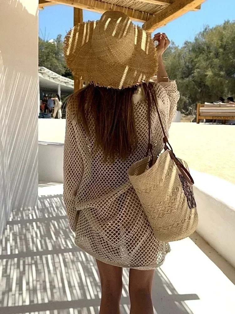 Mini robe de plage en tricot de couleur unie pour femmes, Sexy, ajourée, manches longues, Cover-Up pour les maillots de bain, style Boho, vacances, vêtements de plage amples, été, K17