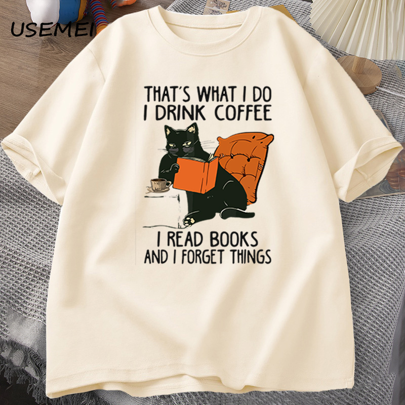 T-shirt chat mignon pour femmes et hommes, Économie College de café de nettoyage, coton de créateur drôle, vêtements masculins confortables