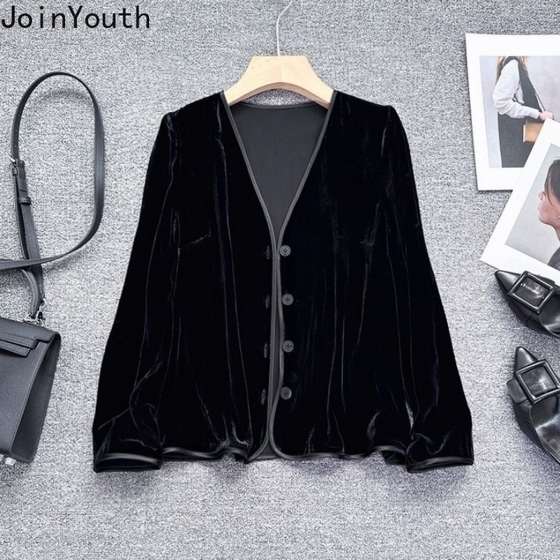 Vestes noires en velours pour femmes, vêtements d'extérieur Vintage de Style chinois, hauts surdimensionnés, col en v, manteaux de tempérament Chic, 2025