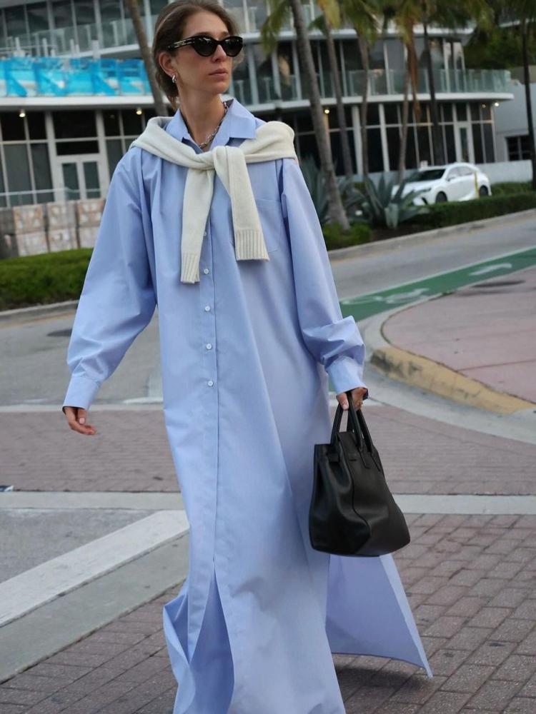 Robe d'été ample et décontractée pour femmes, Style français, manches longues, chemise à revers avec fente latérale, simple boutonnage, style Boho Maxi, robes longues