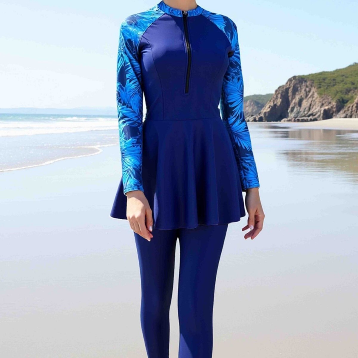Maillot de bain musulman conservateur deux pièces avec fermeture éclair, protection solaire, manches longues, pantalon long, tissu polyester haute élasticité pour la natation