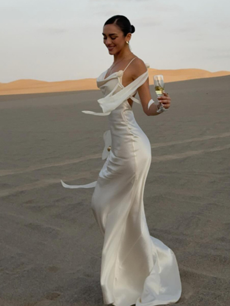 Robe élégante dos nu à fleurs 3d pour femmes, moulante, col pivotant, sans manches, écharpe blanche, Maxi, été, 2025, Evevning