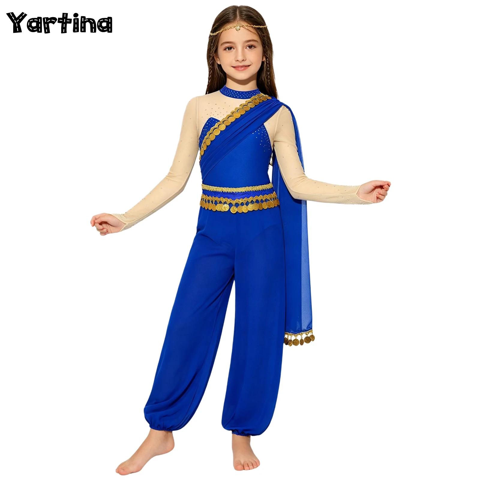 Tenues de danse du ventre de princesse arabe pour filles, costume de cosplay d'Halloween, combinaison à paillettes, franges et strass, body à manches longues