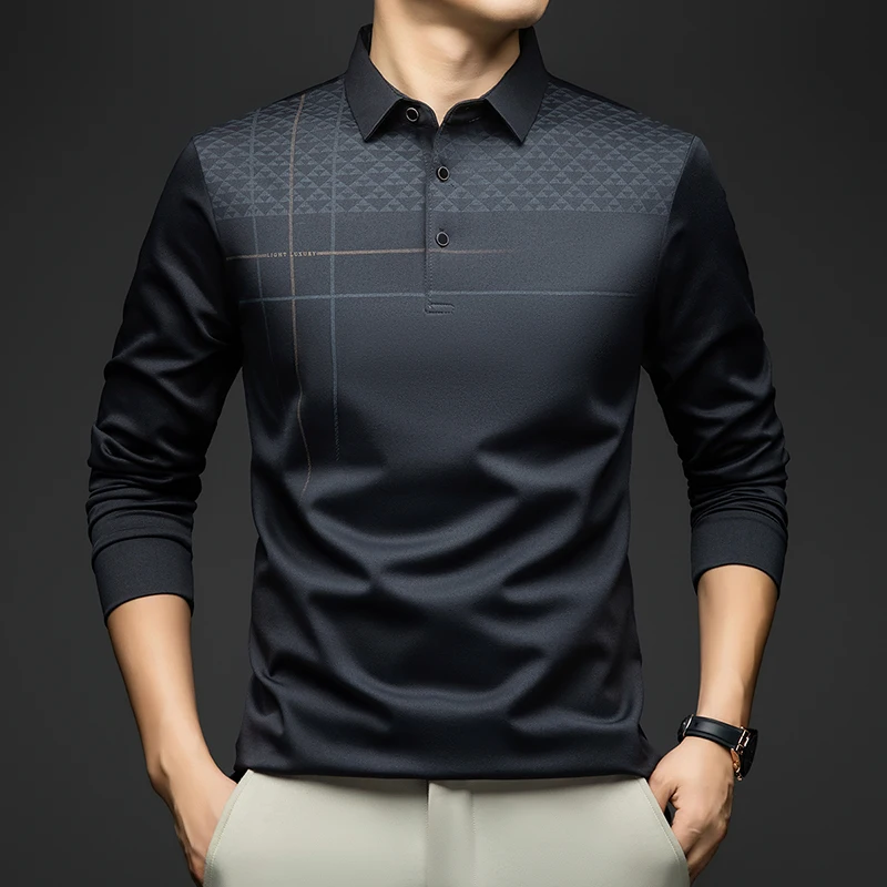BROWON marque de luxe élégant formel Polo t-shirts hommes conception graphique à manches longues col de chemise bureau travail Polo hauts homme vêtements