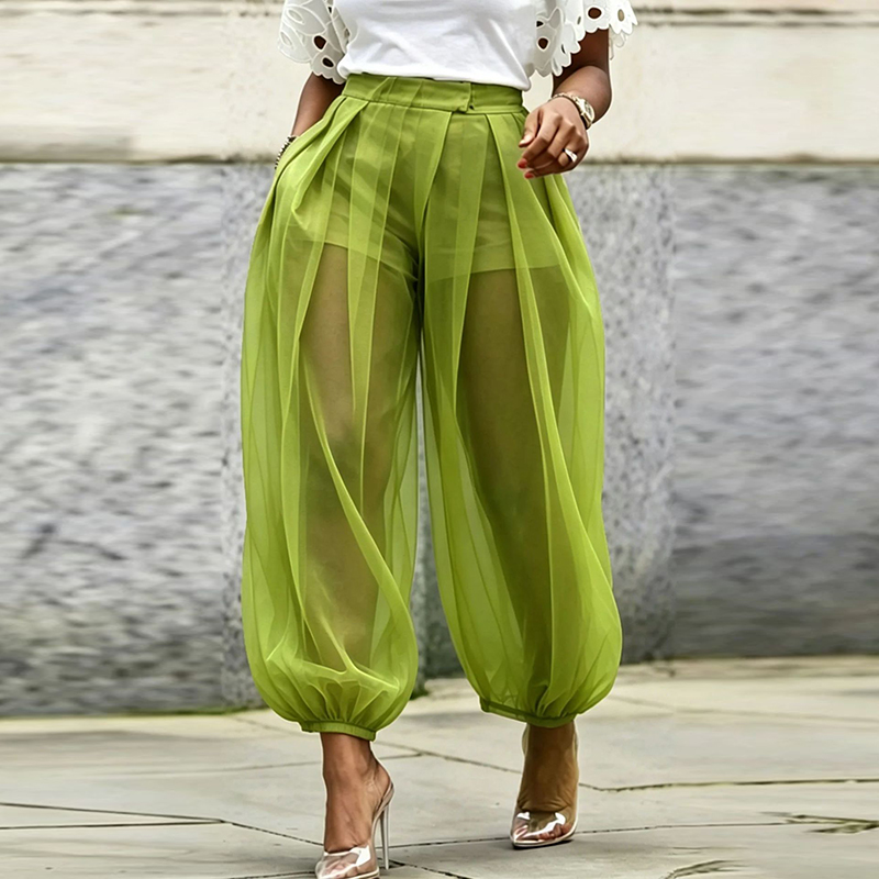 Pantalon long plissé pour femme, taille haute, couleur unie, en maille transparente, style lanterne, décontracté, pour le bureau et le streetwear