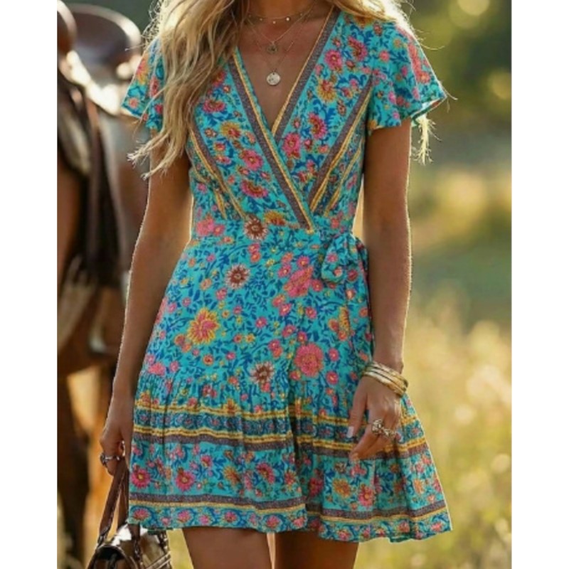 Robe Courte Plissée Vintage Bohème Imprimée pour Femme, Col en V, Manches Courtes, Taille Haute, Idéale pour les Vacances Décontractées – Collection Été 2026