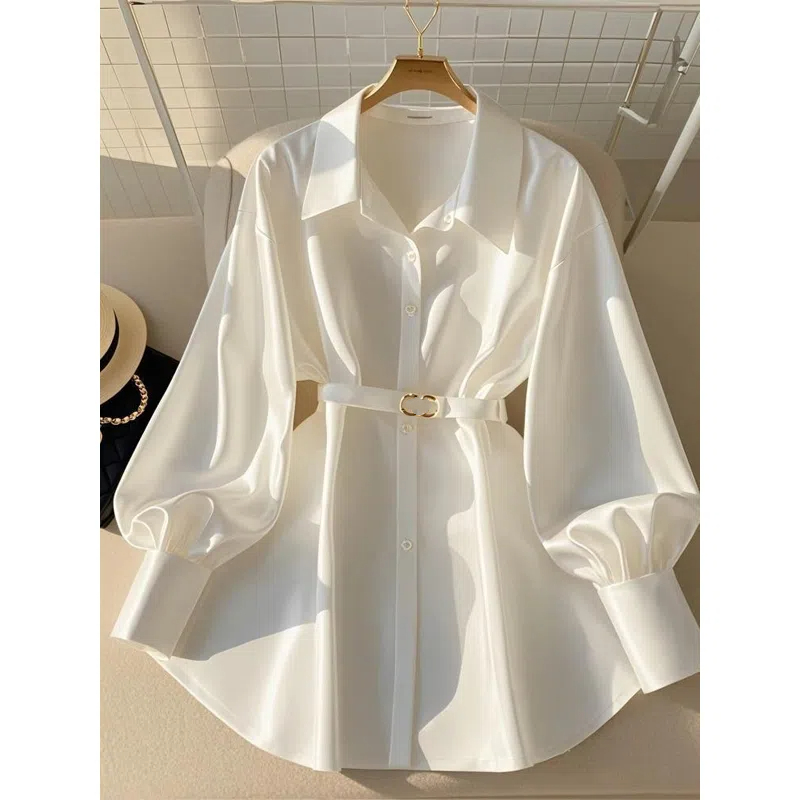 Chemisier ample blanc élégant pour femme, nouvelle collection printemps-automne, col long, uni, style vintage et tendance