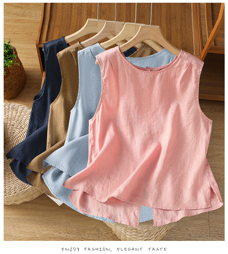 Gilet d'été en coton et lin pour femmes, deux côtés, veste boutonnée sans manches, couverture, rose, bleu, bleu marine, débardeur, Cardigan