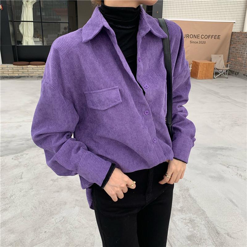 Cardigan en velours côtelé violet paresseux pour femmes, coupe couvertes mi-longue, version coréenne, manteau de chemises, chemisier femme, automne, hiver, nouveau