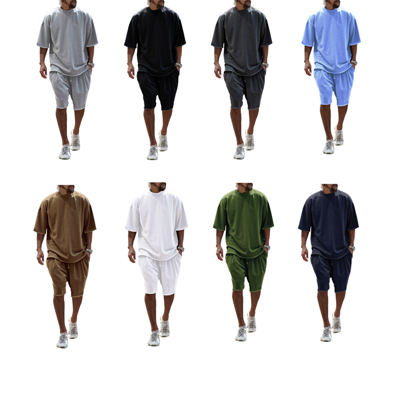 Survêtement décontracté en coton à manches courtes pour hommes, t-shirt et short, vêtements sportifs trempés, été 2024, 2 pièces
