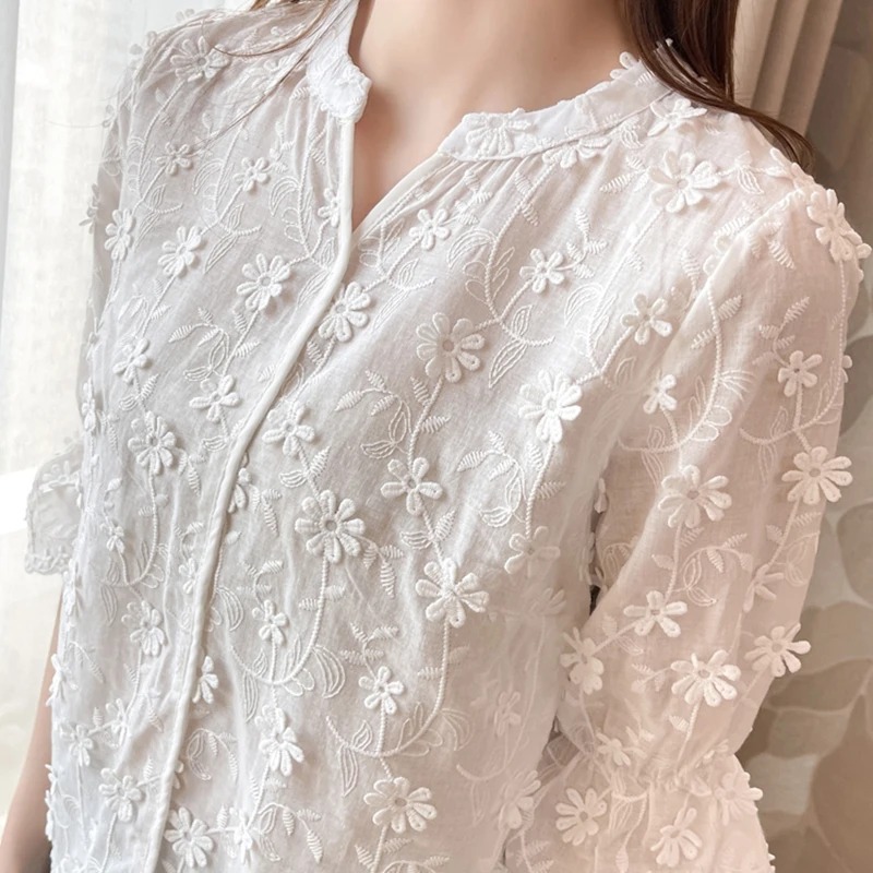 Chemisier en dentelle à manches courtes en coton pour femmes, hauts d'été, broderie florale, chemise blanche, chemisiers décontractés à la mode, 9638