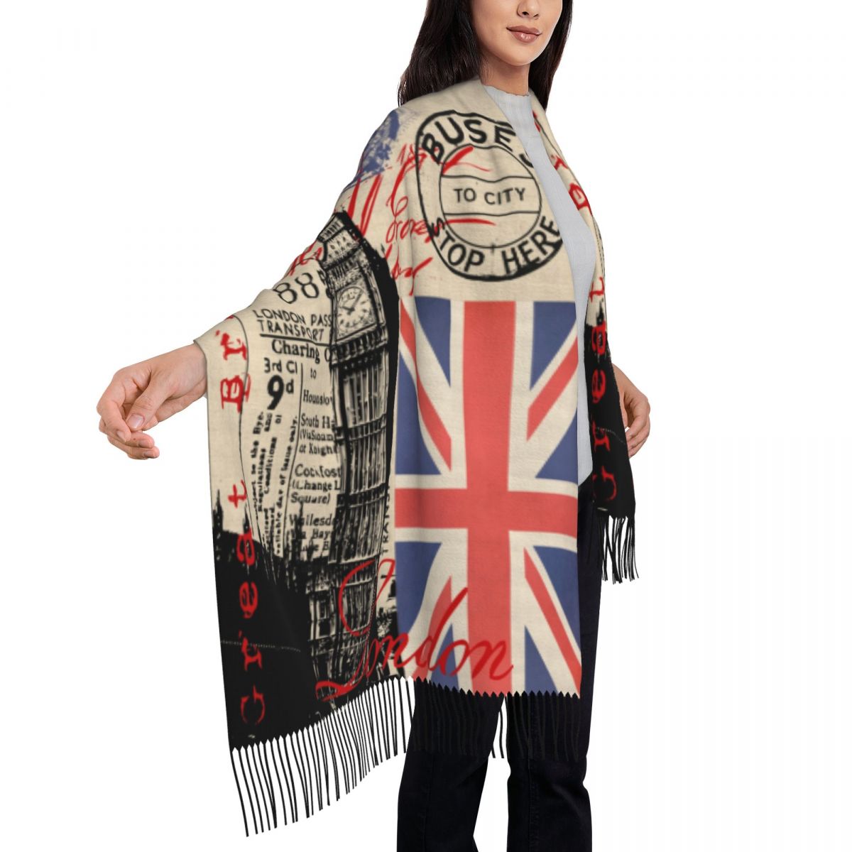 Écharpe à pampilles rétro vintage personnalisée pour femmes, châles chauds, enveloppements féminins, britannique, britannique, Londres, hiver, automne