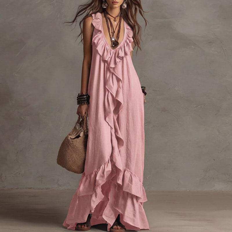 Robe longue maxi bohème à volants et ourlet irrégulier pour femme, col en V profond, ample, sans manches, unie, pour le printemps et l'été, idéale pour les fêtes et la plage, Nouvelle collection