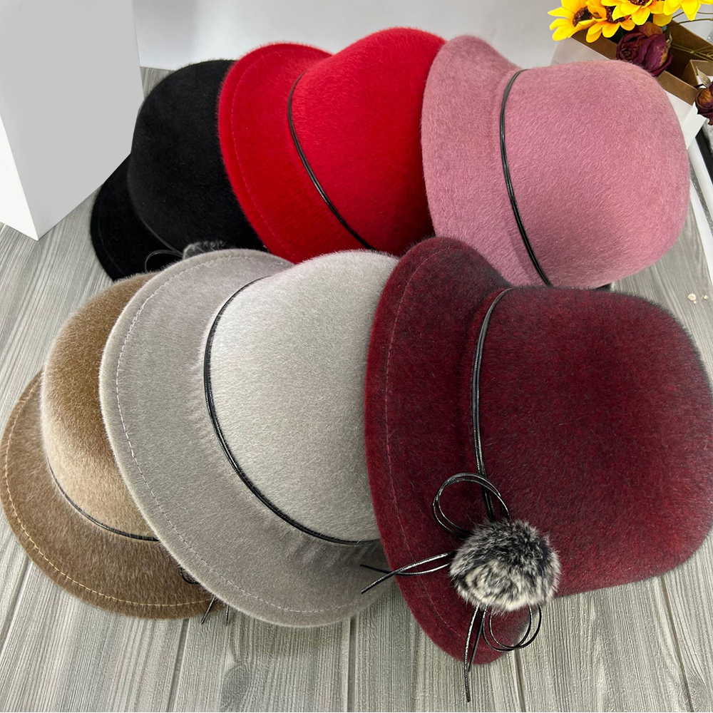Casquette en laine vintage pour femme, chapeau melon, casquette Fedoras, nœud, Jazz, breton, élégant, dames, hiver, nouveau, 2024, E27