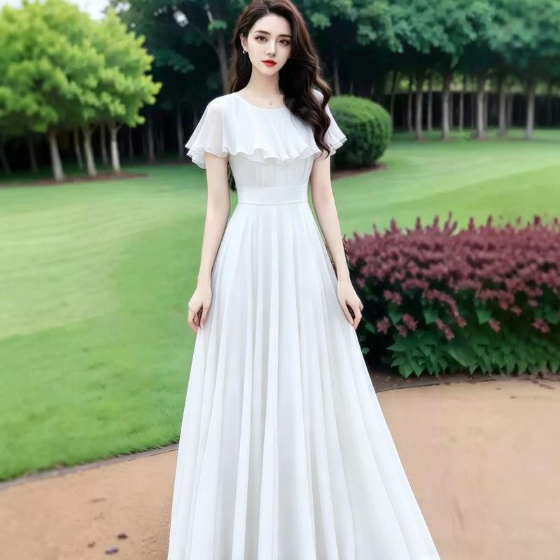 Robe en mousseline blanche pour femme, nouvelle collection été 2026, avec cape et jupe ample longue jusqu'aux chevilles, robe extra-longue pour vacances à la plage