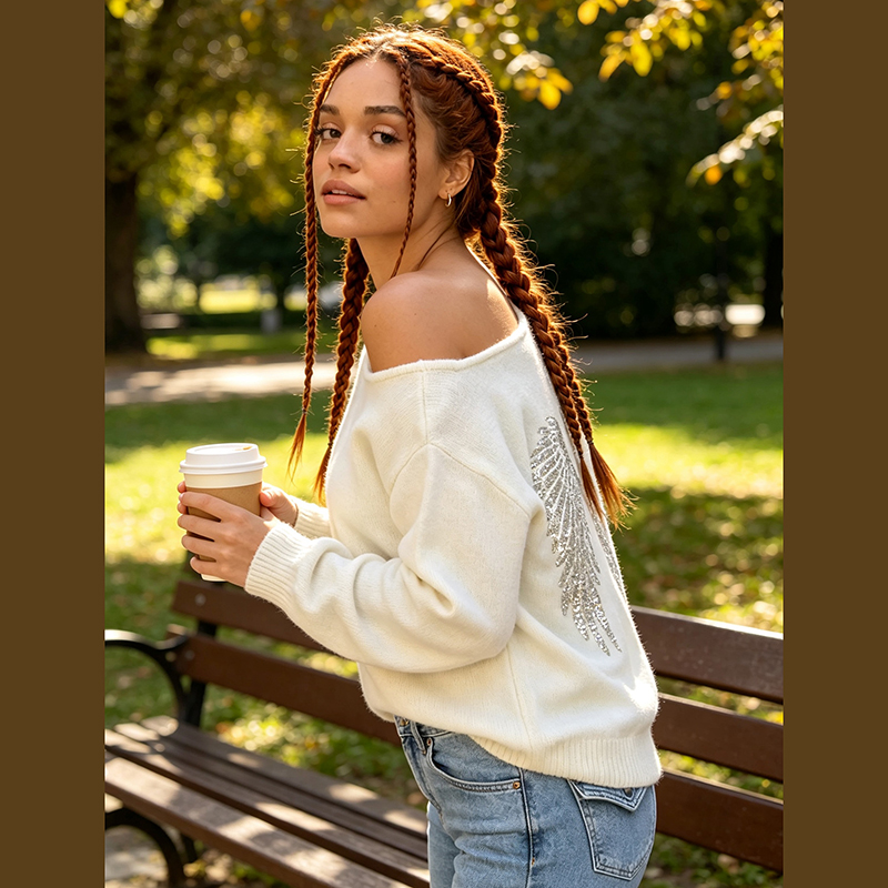 Pull à sequins pour femmes, à manches longues et épaules dénudées, coupe ample, en tricot doux, chemisier chic et décontracté pour les soirées et la rue, haut tricoté pour femmes.