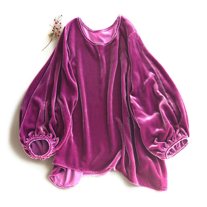 Femmes Vêtements Ropa Mujer Chemises pour 2026 Vintage Lâche Col Rond Or Velours Lanterne Manches T-shirts Chemise