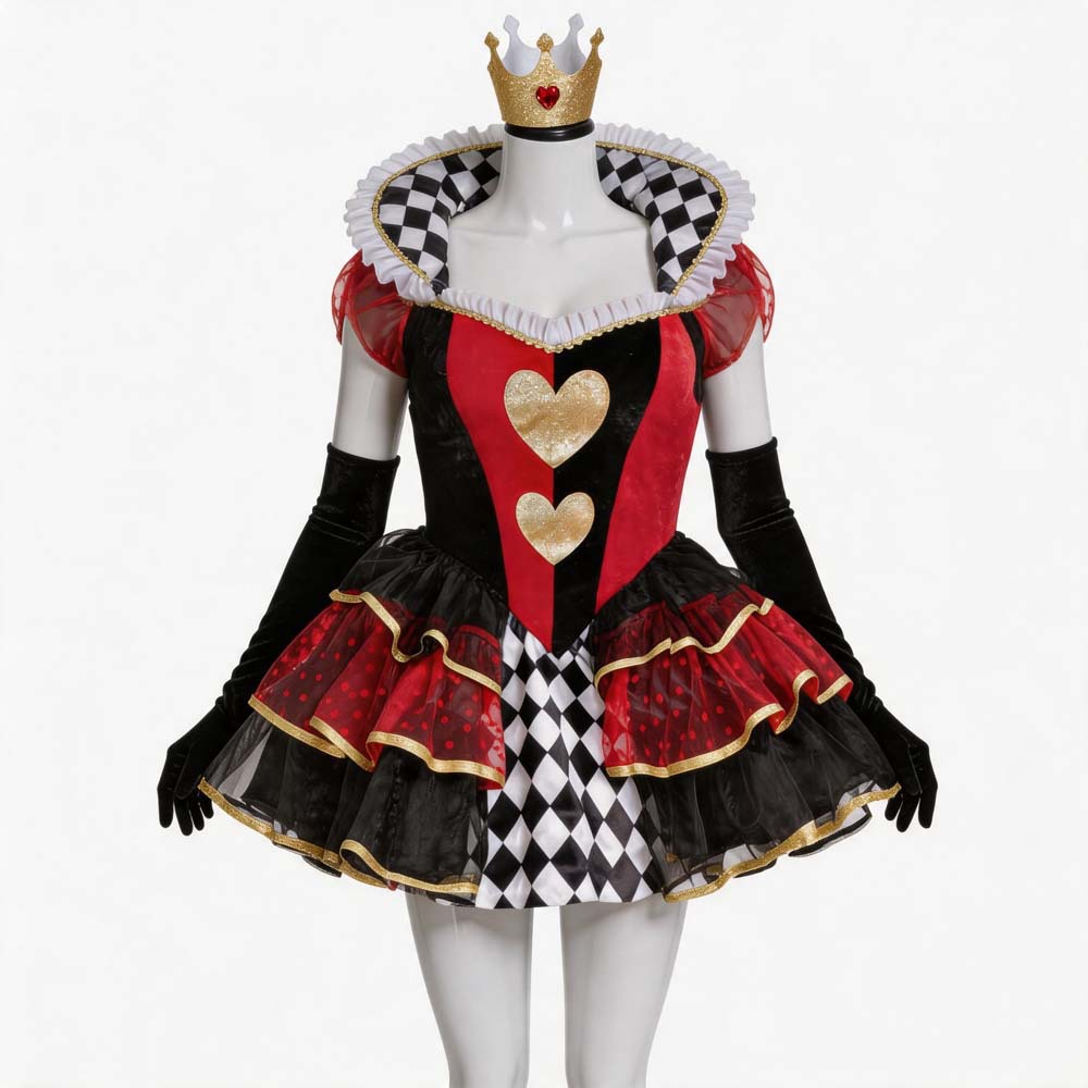 Costume d'Halloween pour femmes, Reine du Cœur, robe tutu à volants rouge, noir et or avec longs gants, tenue de fête cosplay à motif damier de poker.
